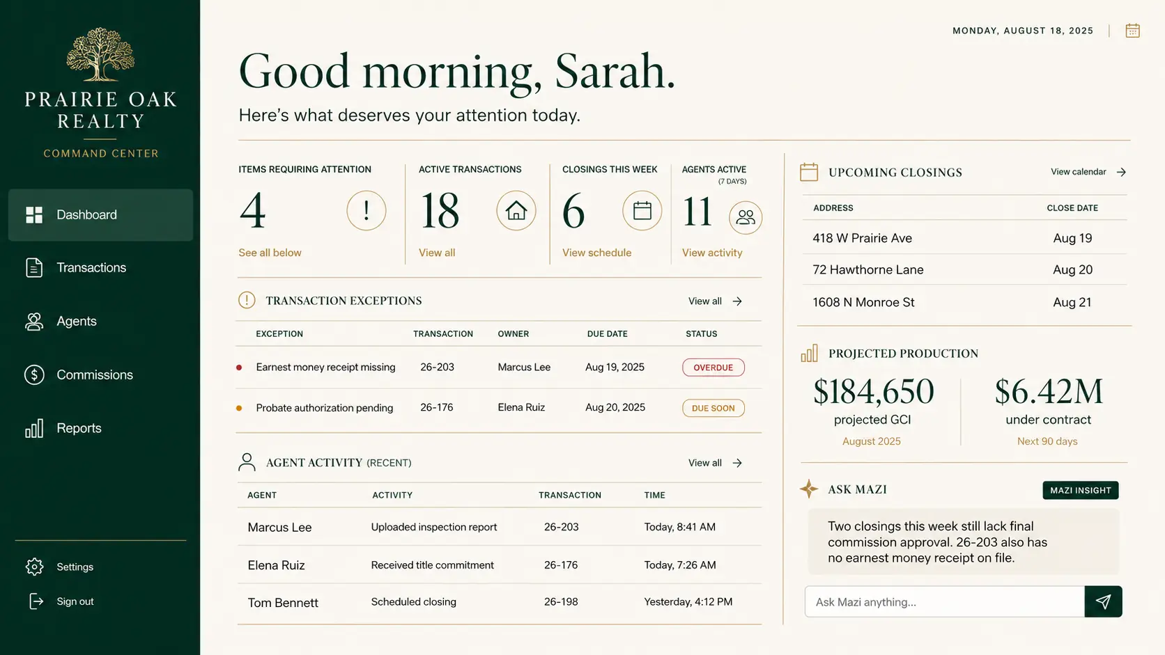 Prairie Oak Realty Command Center dashboard
