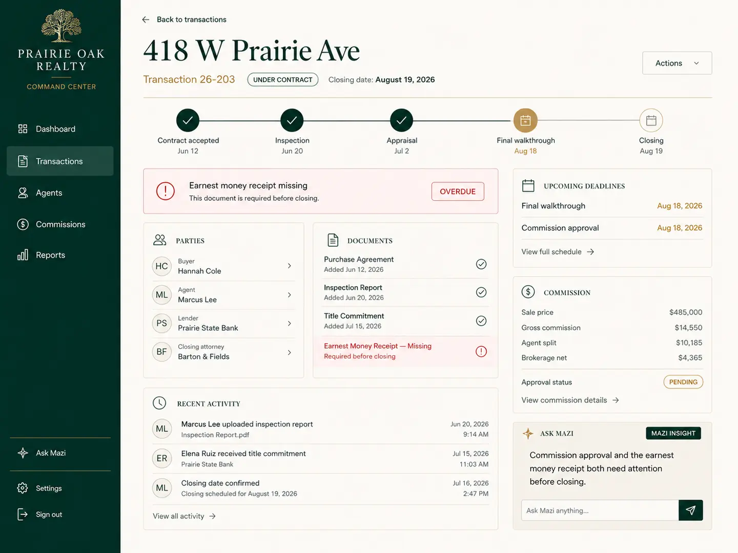 Illustrative Prairie Oak Realty transaction detail view